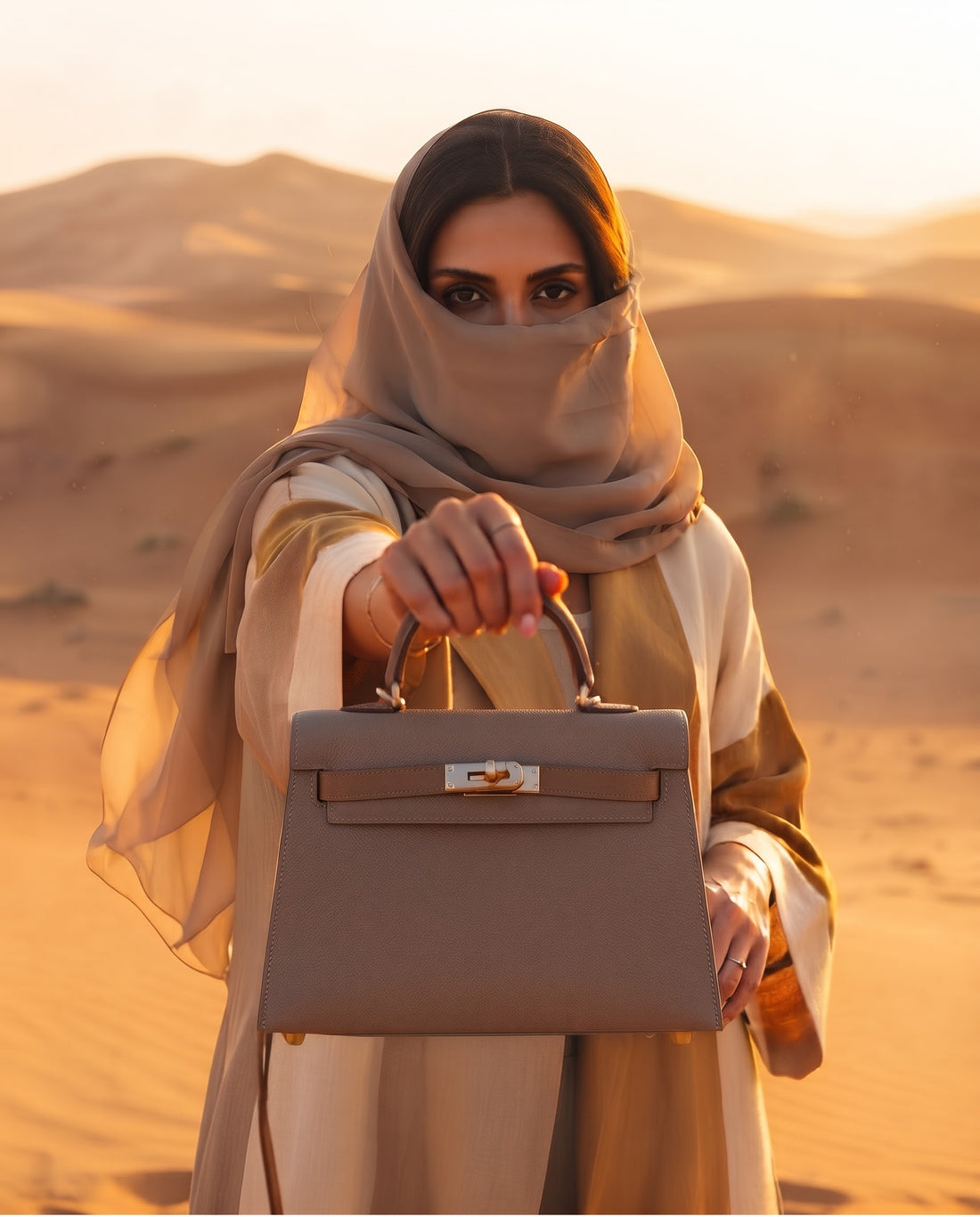 Visuel d'ambiance : le Milano 22 Kaki tendu à la main par une femme voilée dans les dunes au coucher du soleil