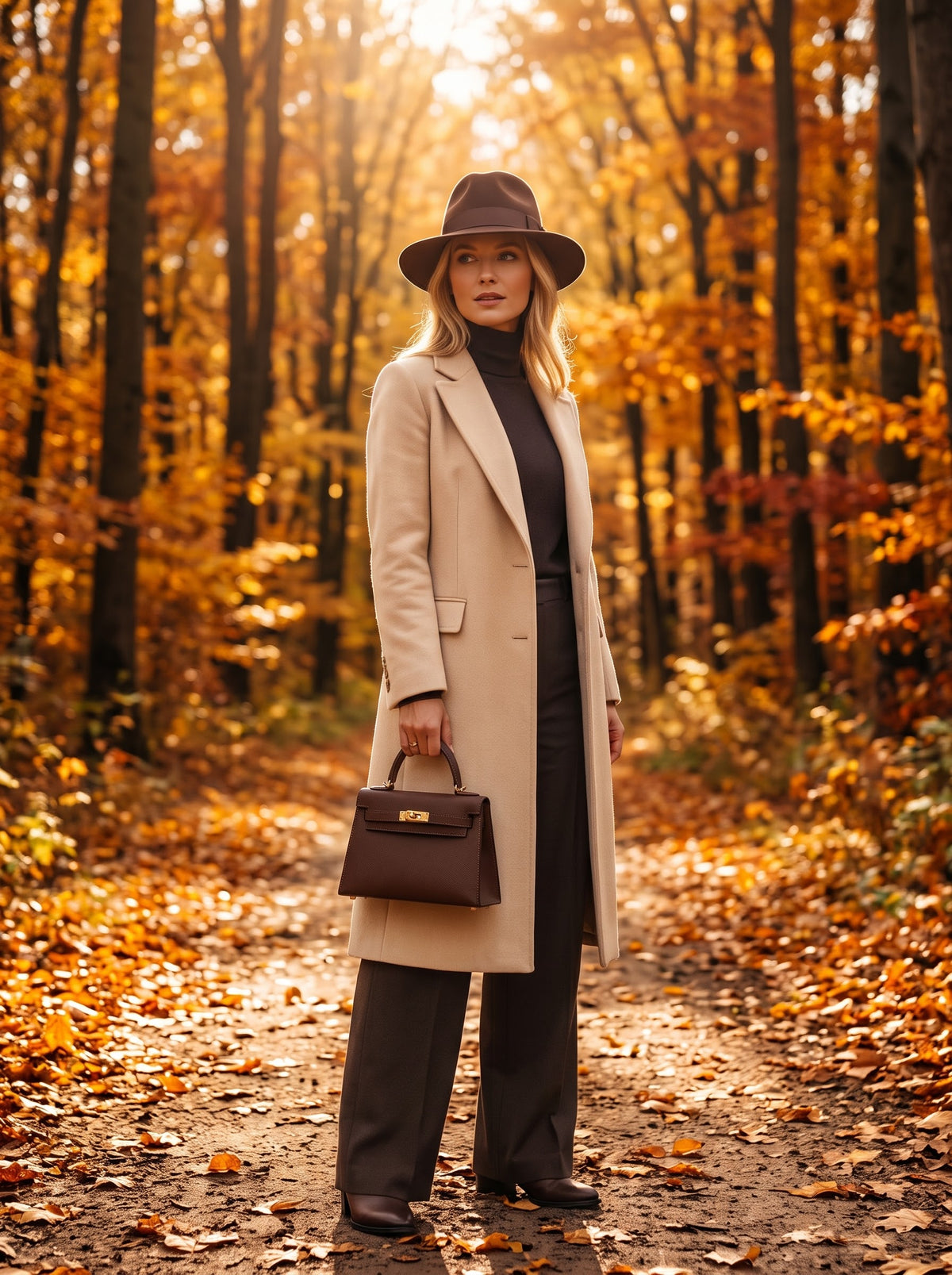 Visuel d'ambiance : le Milano 22 Brown porté à la main dans une forêt d'automne dorée