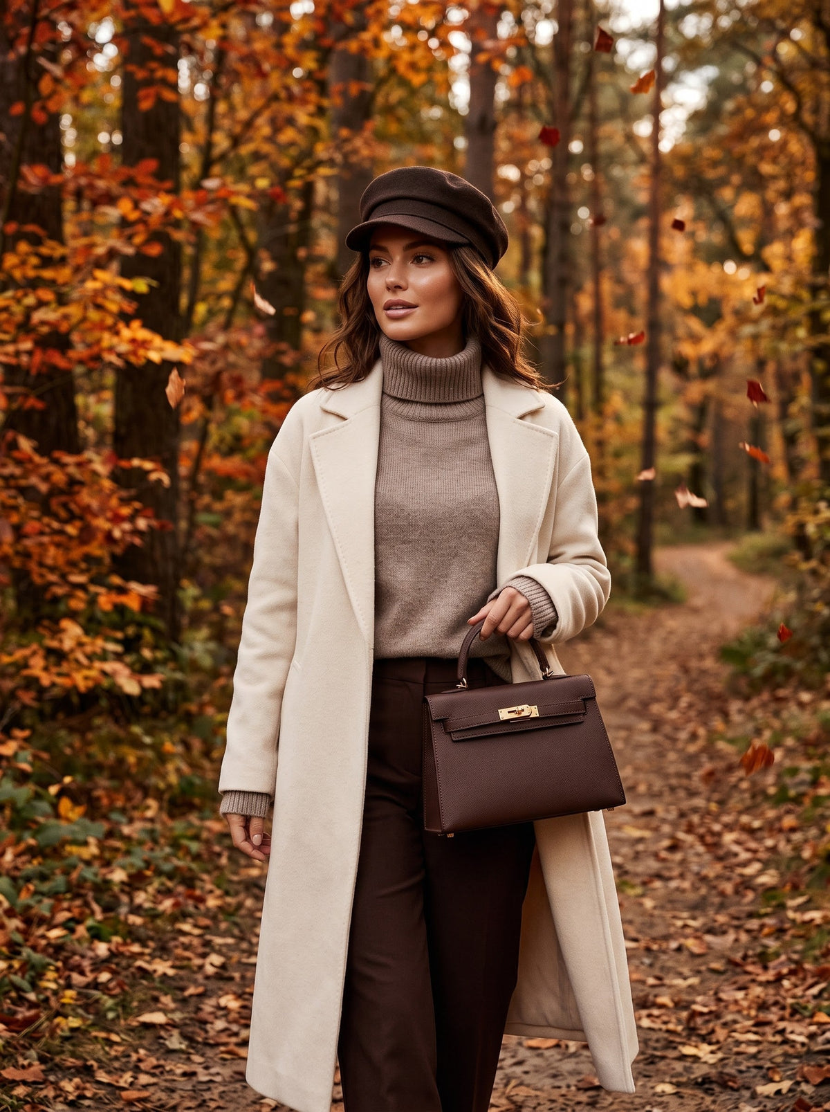 Visuel d'ambiance : manteau crème et Milano 22 Brown porté à la main en forêt
