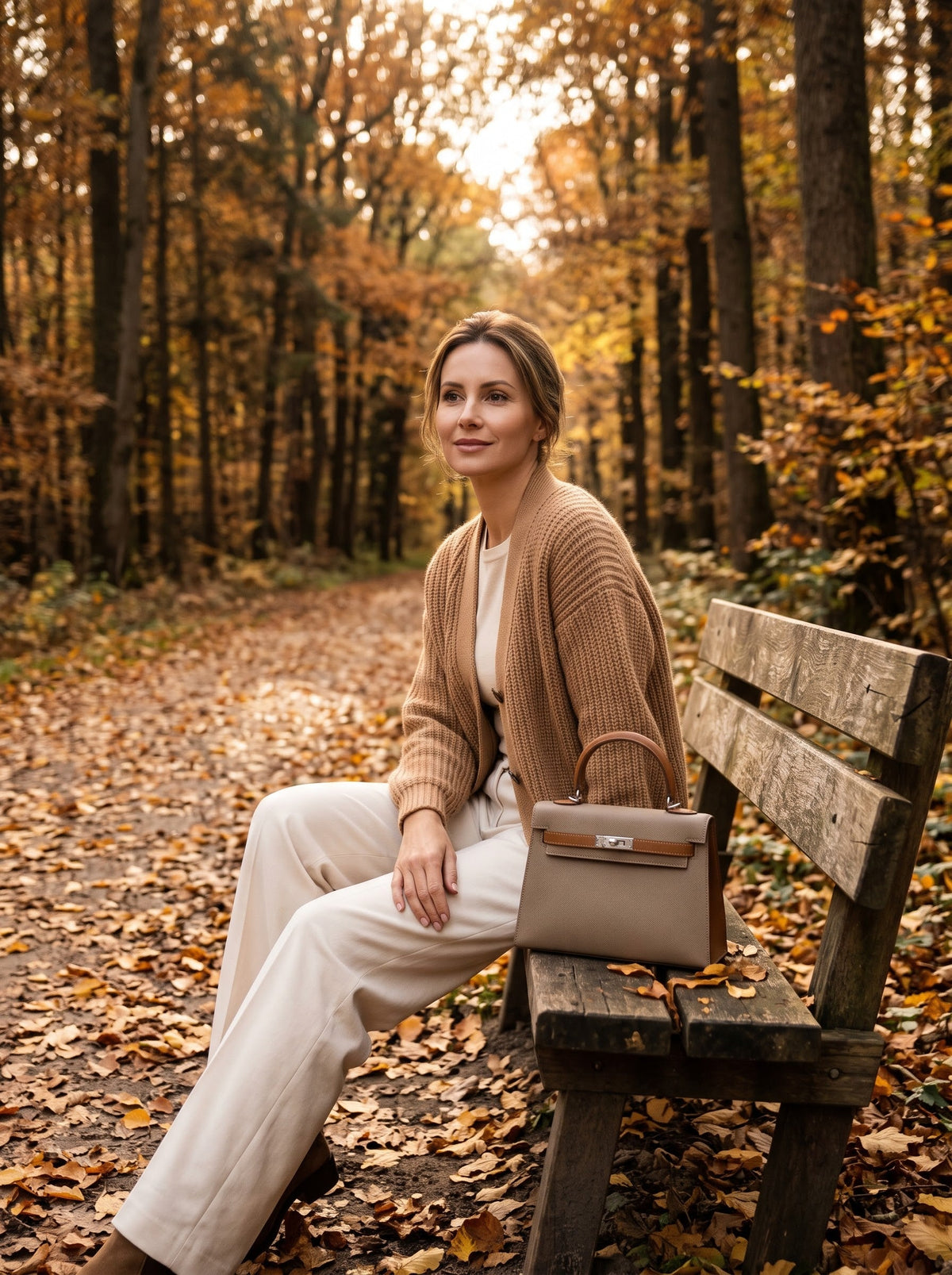 Visuel d'ambiance : le Milano 22 posé sur un banc en bois en automne