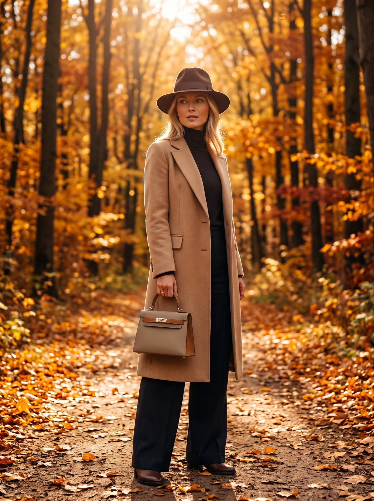 Visuel d'ambiance : manteau camel et Milano 22 bicolore sous les arbres dorés