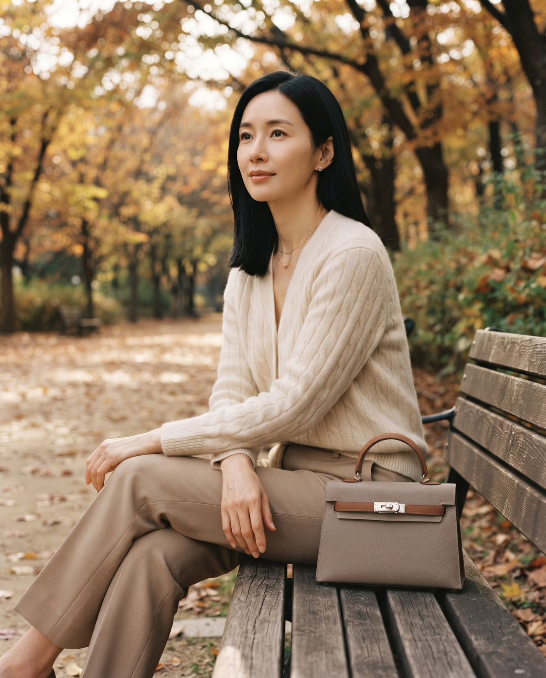 Visuel d'ambiance : le Milano 22 Kaki, porté par une femme assise sur un banc en automne