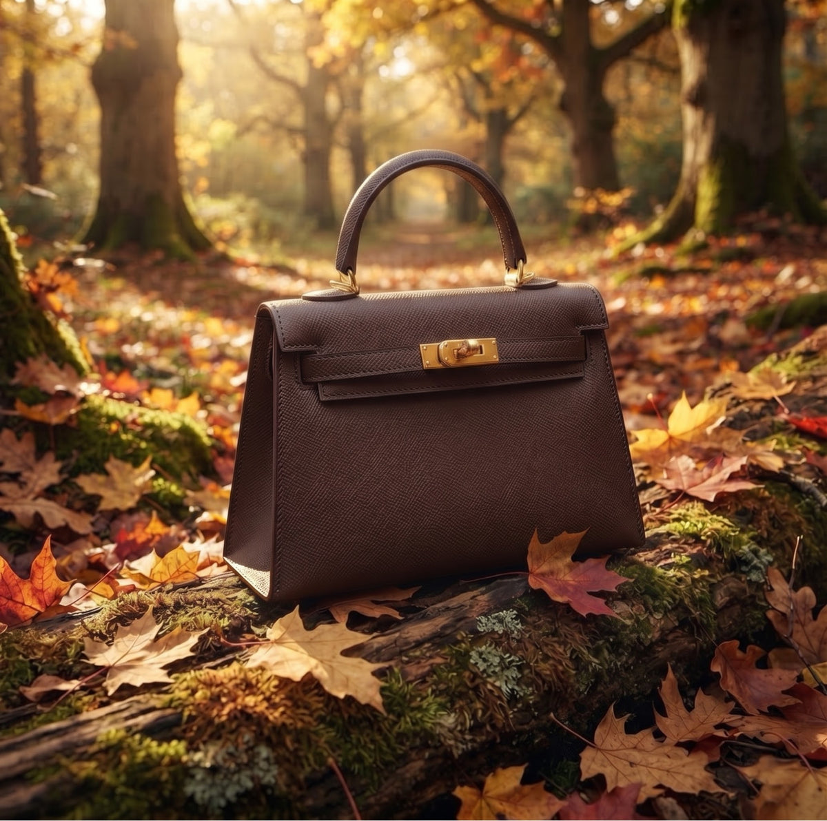 Visuel d'ambiance : le Milano 22 Brown posé sur la mousse, en forêt d'automne