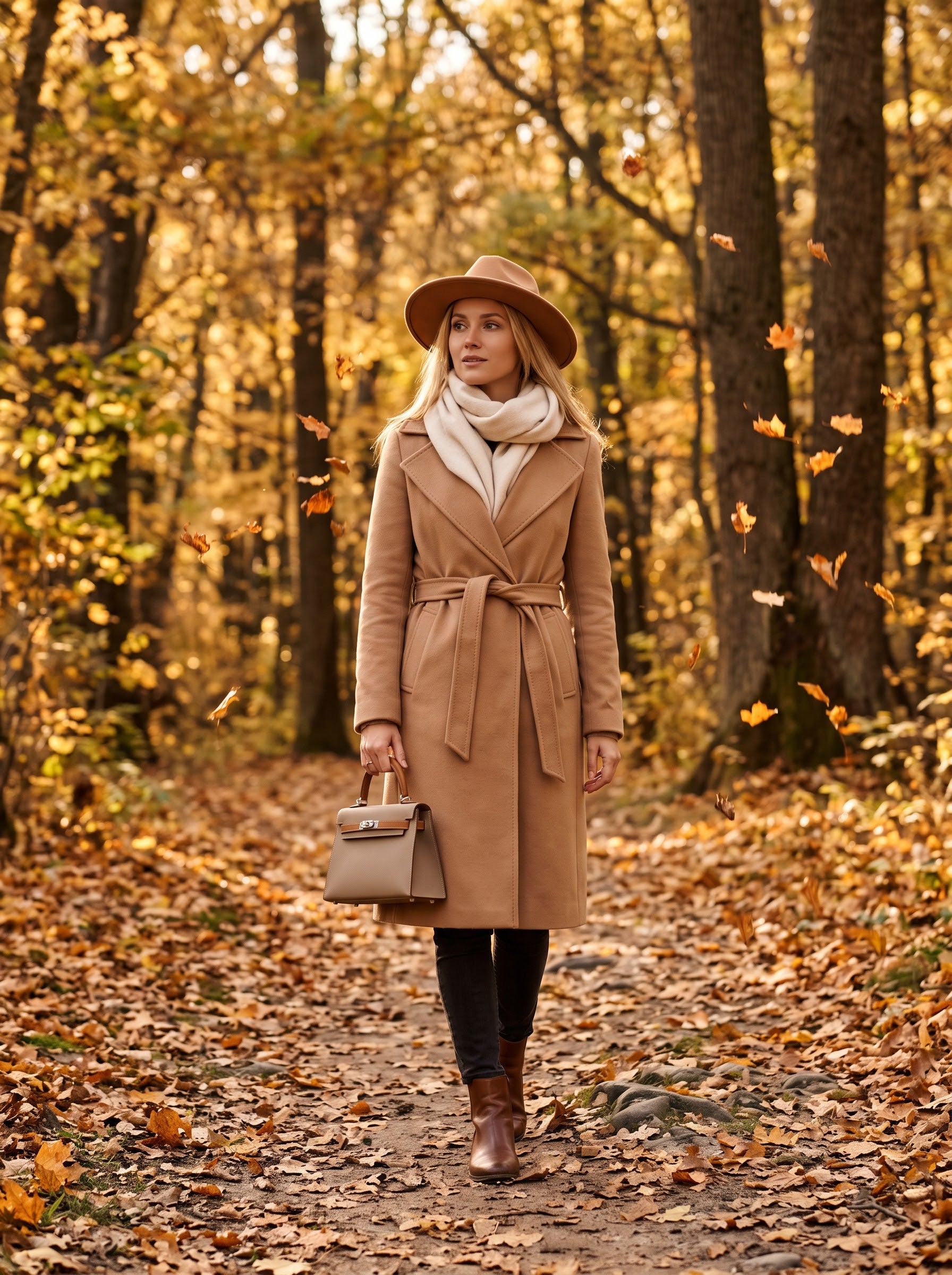 Visuel d'ambiance : promenade en forêt, manteau ceinturé camel et Milano 22 kaki à la main
