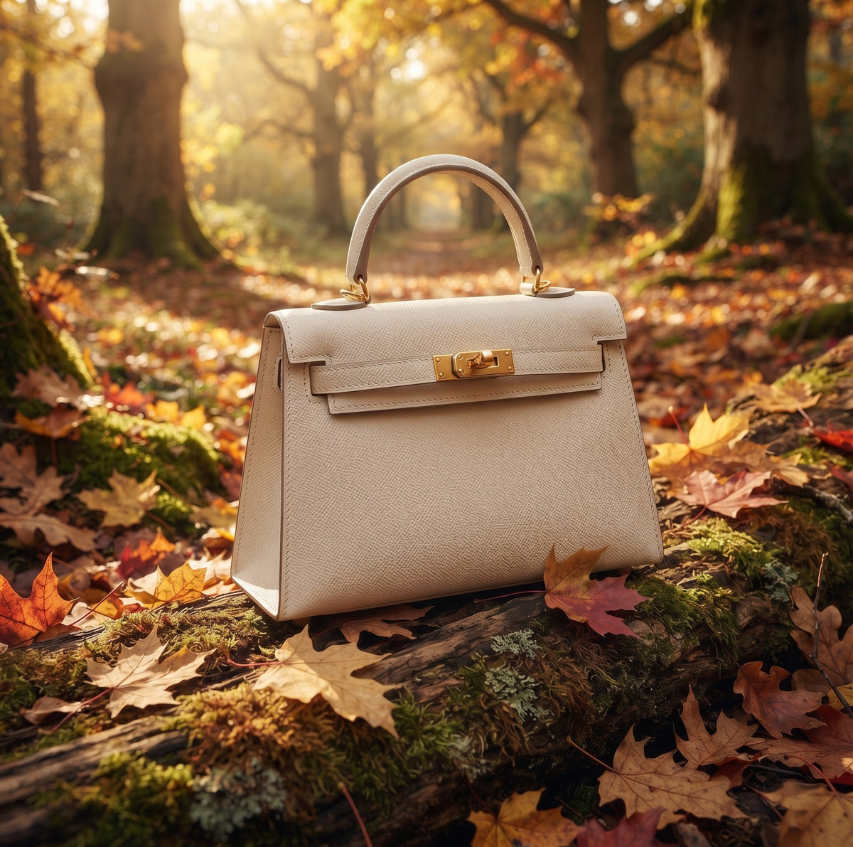 Visuel d'ambiance : le Milano 22 White posé sur la mousse, en forêt d'automne